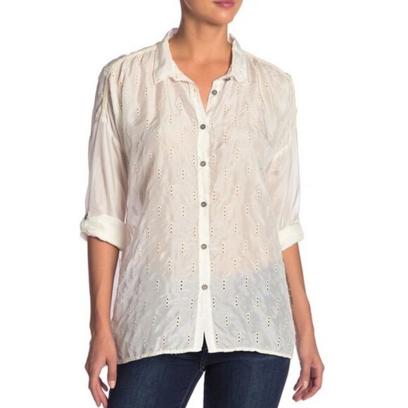Johnny Was Eyelet Silk Long Sleeve Blouse - Picture 1 of 8